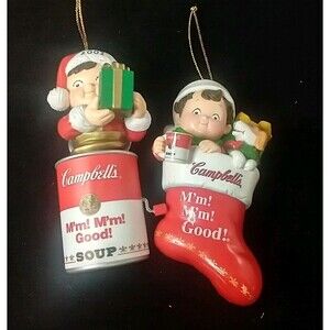 2 Vintage Campbells Soup Kids Christmas Ornament Stocking Can Cute